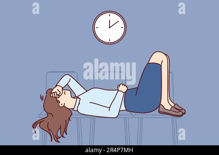 Tired business woman sleeps on office chairs at work and needs vacation to avoid professional burnout. Tired girl office worker is sleeping in waiting room before interview for new position Stock Vector