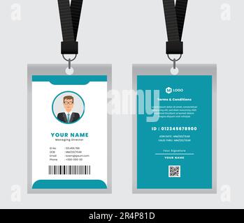 Vector id card template with clasp and lanyard. Blue and white color mock up set. Modern colourful icon collection. Employee ID. Simple realistic design Stock Vector