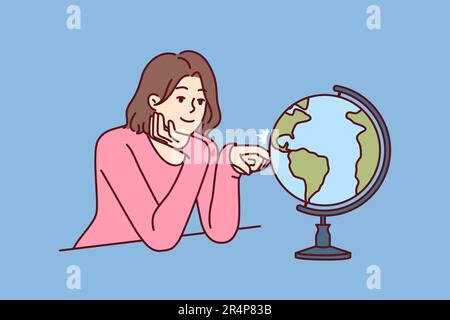 Woman dreams of traveling world looking at globe with planet earth and continents. Girl dreams of being tourist and going on trip to different countries and parts of world with distinctive culture Stock Vector