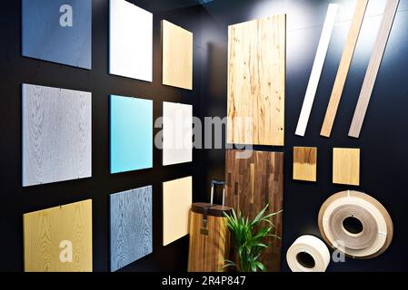 Samples of decorative wooden panels for walls and floor in the store Stock Photo