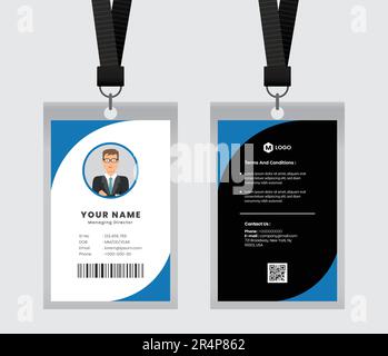 Vector id card template with clasp and lanyard. Blue and white color mock up set. Modern colourful icon collection. Employee ID. Simple realistic design Stock Vector