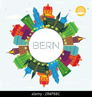 Bern Switzerland City Skyline with Color Buildings, Blue Sky and Copy Space. Vector Illustration. Stock Vector