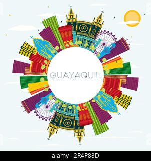 Guayaquil Ecuador City Skyline with Color Buildings, Blue Sky and Copy Space. Vector Illustration. Stock Vector