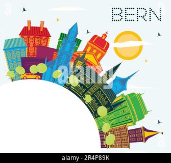 Bern Switzerland City Skyline with Color Buildings, Blue Sky and Copy Space. Vector Illustration. Stock Vector