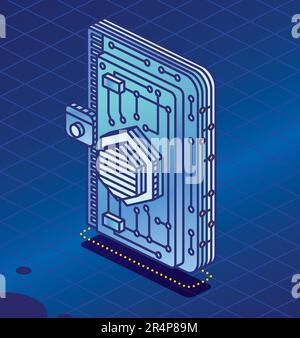 Isometric Crypto Wallet with Cryptocurrency. Outline Detailed Icon for Cryptocurrency Storage App. Blockchain Technology. Vector Illustration. Stock Vector