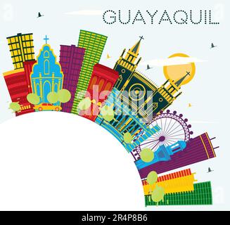 Guayaquil Ecuador City Skyline with Color Buildings, Blue Sky and Copy Space. Vector Illustration. Stock Vector