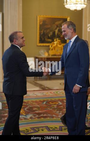 Madrid, Spain. 29th May, 2023. Spanish King Felipe VI, Florentino Perez during meeting with Real Madrid as winner of Euroliga 2022/2023 in Madrid on Monday, 29 May 2023 Credit: CORDON PRESS/Alamy Live News Stock Photo