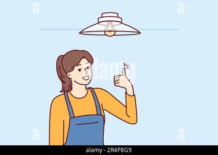 Woman electrician showing thumbs up after fixing chandelier or replacing light bulb under ceiling. Girl in overalls works as electrician efficiently performing tasks of setting up electricity Stock Vector