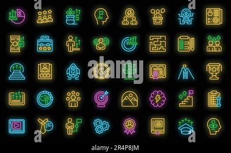 Personal Growth Training icons set outline vector. Self development. Care study neon color on black Stock Vector
