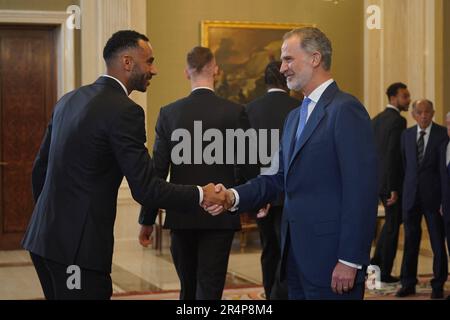 Madrid, Spain. 29th May, 2023. Spanish King Felipe VI, Florentino Perez during meeting with Real Madrid as winner of Euroliga 2022/2023 in Madrid on Monday, 29 May 2023 Credit: CORDON PRESS/Alamy Live News Stock Photo