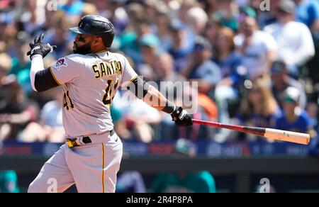 Pittsburgh Pirates' Carlos Santana swings during an at-bat against