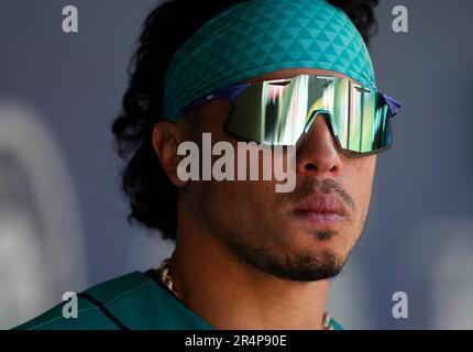 Seattle Mariners second baseman Kolten Wong runs out onto the field before  a baseball game against the St. Louis Cardinals, Sunday, April 23, 2023, in  Seattle. (AP Photo/Lindsey Wasson Stock Photo - Alamy