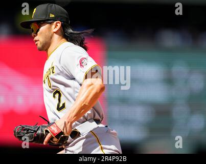 Pittsburgh Pirates Connor Joe (2) bats during a spring training baseball  game against the Baltimore Orioles on March 8, 2023 at Ed Smith Stadium in  Sarasota, Florida. (Mike Janes/Four Seam Images via