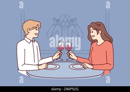 Stalker girl is watching date of former boyfriend drinking wine in restaurant with new girlfriend. Concept of jealousy and surveillance of loved one going on date or betrayal from cheating husband Stock Vector