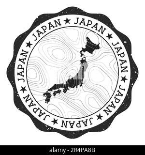 Japan outdoor stamp. Round sticker with map of country with topographic isolines. Vector illustration. Stock Vector