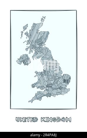 Sketch map of the United Kingdom. Grayscale hand-drawn map of the country. Filled regions with hachure stripes. Vector illustration. Stock Vector