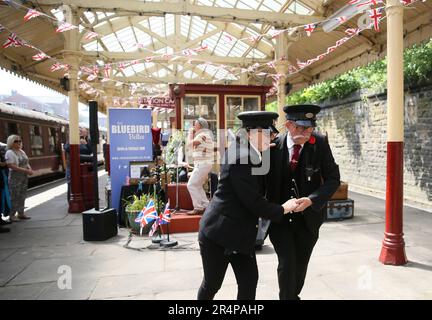 Bury, UK. 29th May, 2023. Bank Holiday Monday annual 1940's event takes place on the East Lancashire Steam Railway Line.  Bury, UK. Credit: Barbara Cook/Alamy Live News Stock Photo