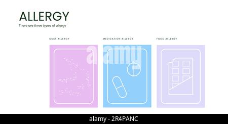Types of Allergy Banner on Light Background. Stylish Banner with Text and Icons for Healthcare and Medical Stock Vector