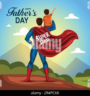 happy fathers day super hero dad with son. vector illustration design Stock Vector