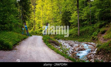 View of the signs marking the entrance to the scenic Dr. Vogelgesang-Klamm in Spital am Pyhrn, Austria Stock Photo