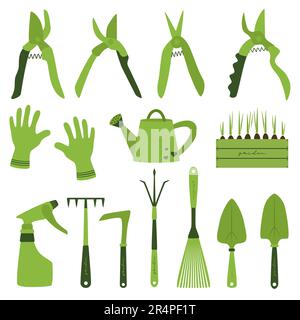 Collection of gardening tools isolated on white background. Green essential gardening tools kit Stock Vector