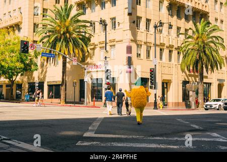 Los Angeles, California, USA - April 26, 2023. The intersection of Hollywood Boulevard and Vine Street on a bright sunny day, West Hollywood, Californ Stock Photo