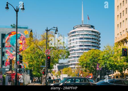 Los Angeles, California, USA - April 26, 2023. The Capitol Records Building, also known as the Capitol Records Tower, a 13-story tower building in Hol Stock Photo