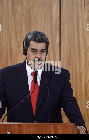 Brasilia, Distrito Federal, Brasil. 29th May, 2023. (INT) Press Conference with Maduro, President of Venezuela. May 29, 2023, Brasilia, Federal District, Brazil: The President of Venezuela, Nicolas Maduro, during a press conference alongside the President of Brazil, Luiz Inacio Lula da Silva, at the Planalto Palace, in Brasilia, after a reserved meeting between the two. Credit: ZUMA Press, Inc./Alamy Live News Stock Photo