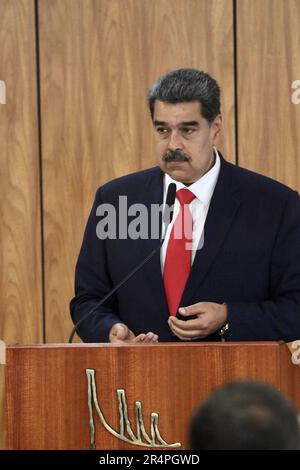 Brasilia, Distrito Federal, Brasil. 29th May, 2023. (INT) Press Conference with Maduro, President of Venezuela. May 29, 2023, Brasilia, Federal District, Brazil: The President of Venezuela, Nicolas Maduro, during a press conference alongside the President of Brazil, Luiz Inacio Lula da Silva, at the Planalto Palace, in Brasilia, after a reserved meeting between the two. Credit: ZUMA Press, Inc./Alamy Live News Stock Photo