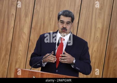 Brasilia, Distrito Federal, Brasil. 29th May, 2023. (INT) Press Conference with Maduro, President of Venezuela. May 29, 2023, Brasilia, Federal District, Brazil: The President of Venezuela, Nicolas Maduro, during a press conference alongside the President of Brazil, Luiz Inacio Lula da Silva, at the Planalto Palace, in Brasilia, after a reserved meeting between the two. Credit: ZUMA Press, Inc./Alamy Live News Stock Photo