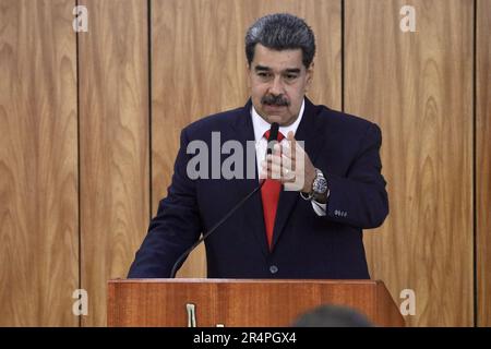 Brasilia, Distrito Federal, Brasil. 29th May, 2023. (INT) Press Conference with Maduro, President of Venezuela. May 29, 2023, Brasilia, Federal District, Brazil: The President of Venezuela, Nicolas Maduro, during a press conference alongside the President of Brazil, Luiz Inacio Lula da Silva, at the Planalto Palace, in Brasilia, after a reserved meeting between the two. Credit: ZUMA Press, Inc./Alamy Live News Stock Photo