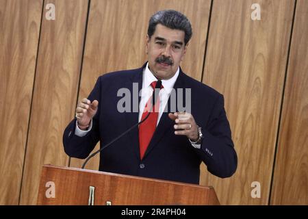 Brasilia, Distrito Federal, Brasil. 29th May, 2023. (INT) Press Conference with Maduro, President of Venezuela. May 29, 2023, Brasilia, Federal District, Brazil: The President of Venezuela, Nicolas Maduro, during a press conference alongside the President of Brazil, Luiz Inacio Lula da Silva, at the Planalto Palace, in Brasilia, after a reserved meeting between the two. Credit: ZUMA Press, Inc./Alamy Live News Stock Photo