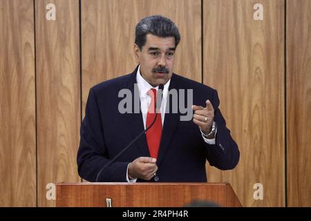 Brasilia, Distrito Federal, Brasil. 29th May, 2023. (INT) Press Conference with Maduro, President of Venezuela. May 29, 2023, Brasilia, Federal District, Brazil: The President of Venezuela, Nicolas Maduro, during a press conference alongside the President of Brazil, Luiz Inacio Lula da Silva, at the Planalto Palace, in Brasilia, after a reserved meeting between the two. Credit: ZUMA Press, Inc./Alamy Live News Stock Photo