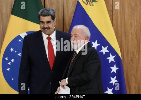 Brasilia, Distrito Federal, Brasil. 29th May, 2023. (INT) Press Conference with Maduro, President of Venezuela. May 29, 2023, Brasilia, Federal District, Brazil: The President of Venezuela, Nicolas Maduro, during a press conference alongside the President of Brazil, Luiz Inacio Lula da Silva, at the Planalto Palace, in Brasilia, after a reserved meeting between the two. Credit: ZUMA Press, Inc./Alamy Live News Stock Photo