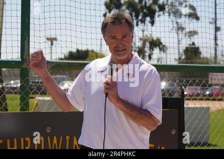 Mac Wilkins speaks during Colich Throwing Center ribbon cutting ceremony, Friday, April 7, 2023, in Wilmington, Calif. Stock Photo