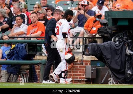 Baltimore Orioles'Cedric Mullins walks through the dugout during the fourth  inning of a baseball game against the Minnesota Twins, Wednesday, May 4,  2022, in Baltimore. (AP Photo/Tommy Gilligan Stock Photo - Alamy