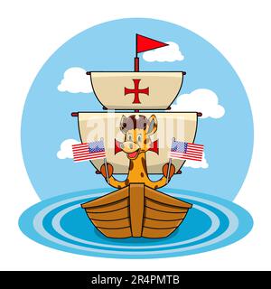 Happy Columbus Day America With Cute Giraffe And Ship In Sea, Cartoon, Mascot, Animals, Character, Vector and Illustration. Stock Vector