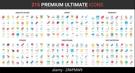Healthy food, fitness workout and sports, healthcare color flat icons set vector illustration. Abstract symbols of gym equipment and exercises, medical cure simple design for mobile and web apps Stock Vector