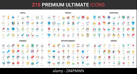 Travel, entertainment event and shopping, bar drinks color flat icons set vector illustration. Abstract symbols of retail shop and hotel hospitality, hobby simple design for mobile and web apps Stock Vector
