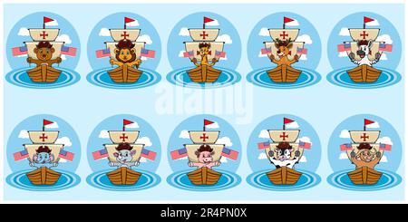 Happy Columbus Day America With Cute Animals And Bring Flags, Circle Label, Cartoon, Mascot, Animals, Character, Vector and Illustration. Stock Vector