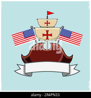 Happy Columbus Day America With Hat and Flags , celebration holiday poster, Vector and Illustration. Stock Vector