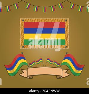 Mauritius Flags On Frame Wood, Label, Simple Gradient and Vector Illustration Stock Vector