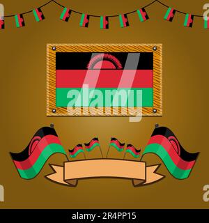 Malawi Flags On Frame Wood, Label, Simple Gradient and Vector Illustration Stock Vector