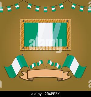 Nigeria Flags On Frame Wood, Label, Simple Gradient and Vector Illustration Stock Vector