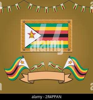 Zimbabwe Flags On Frame Wood, Label, Simple Gradient and Vector Illustration Stock Vector