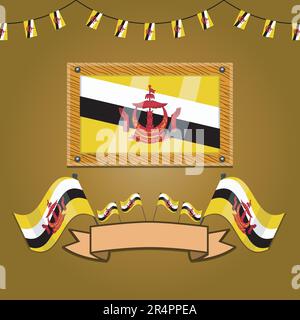 Brunei Darussalam Flags On Frame Wood, Label, Simple Gradient and Vector Illustration Stock Vector