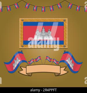 Cambodia Flags On Frame Wood, Label, Simple Gradient and Vector Illustration Stock Vector