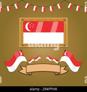 Singapore Flags On Frame Wood, Label, Simple Gradient and Vector Illustration Stock Vector