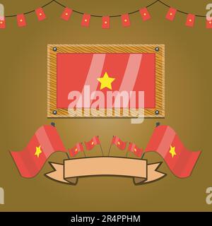 Vietnam Flags On Frame Wood, Label, Simple Gradient and Vector Illustration Stock Vector