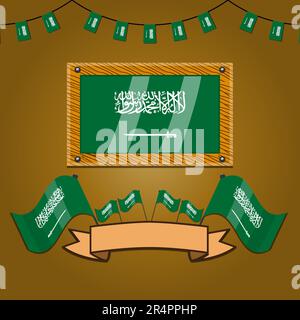 Saudi Arabia Flags On Frame Wood, Label, Simple Gradient and Vector Illustration Stock Vector